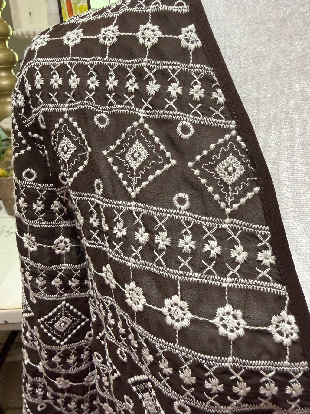 Chico's Brown And White Geometric Open Cardigan Medium — image 4 of 8